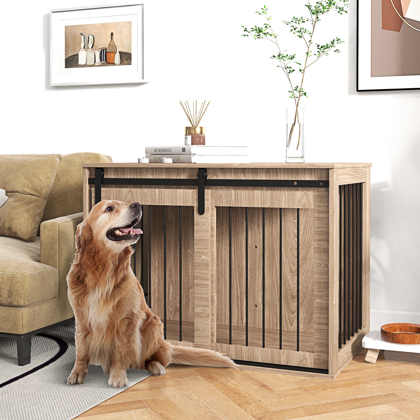 PawHut Hundebox Hundekäfig, Verriegelbar, Holzoptik, rustikales Design, 98 cm x 58 cm x 67 cm, Walnuss + Schwarz