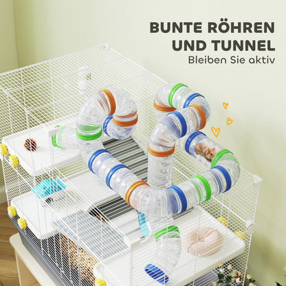 PawHut Zwerghamsterkäfig, 4 Ebenen, Tunnelsystem, Hütte, Zubehör, obere Öffnung, 78 x 45 x 73 cm, Grau