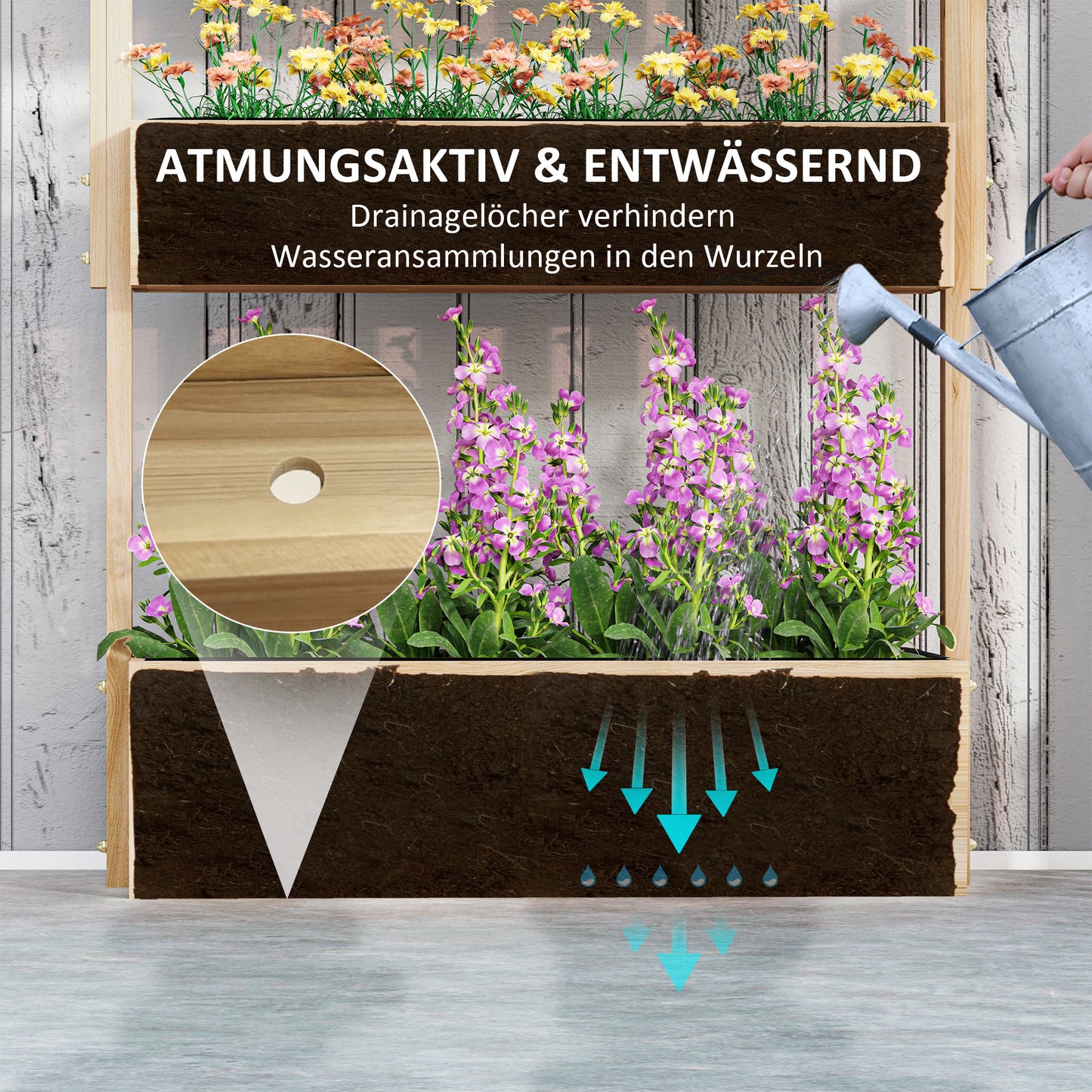 Outsunny Hochbeet Holz, 4 Ebene Pflanzbeet mit Entwässerungslöcher Frühbeet Gartenbeet 88,5 x 45 x 140 cm Naturholz
