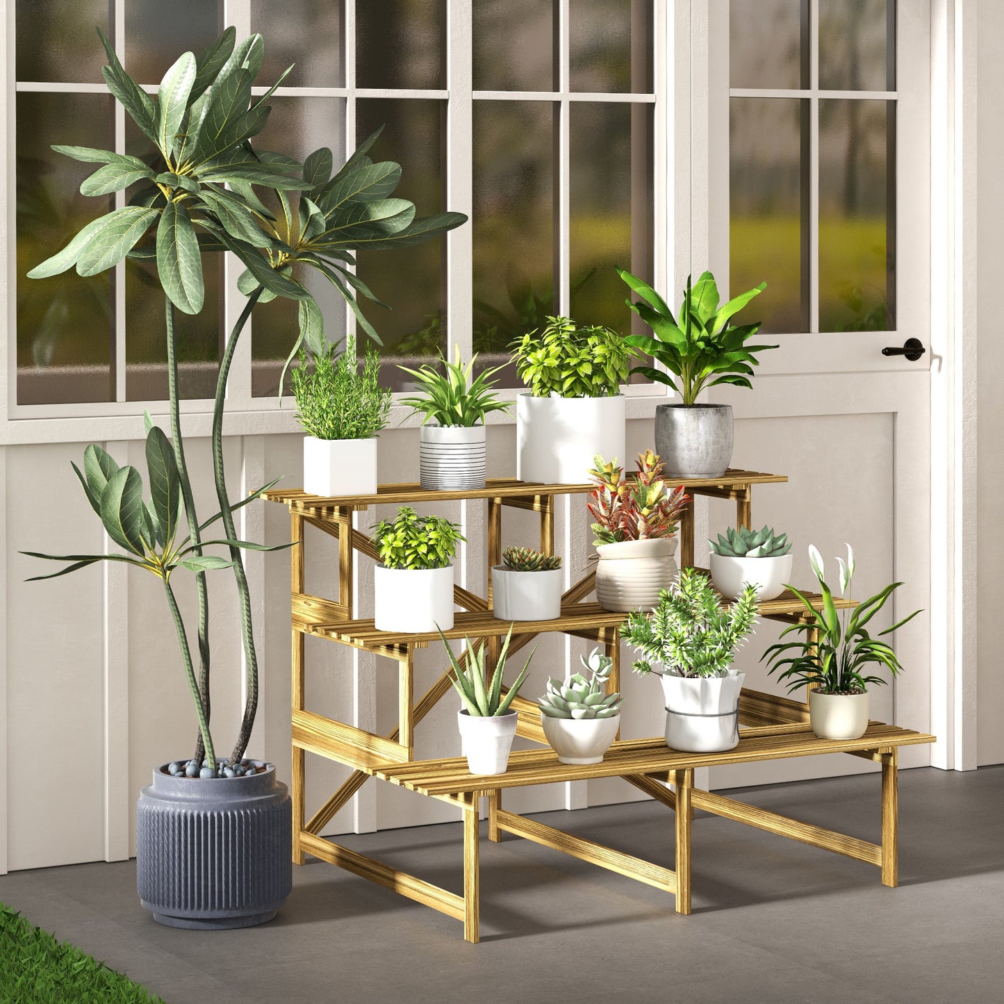 Outsunny Pflanzentreppe, Blumentreppe, Blumenregal, Pflanzregal, Blumenständer, 3 Stufen, Tannenholz, 120 x 80 x 78cm