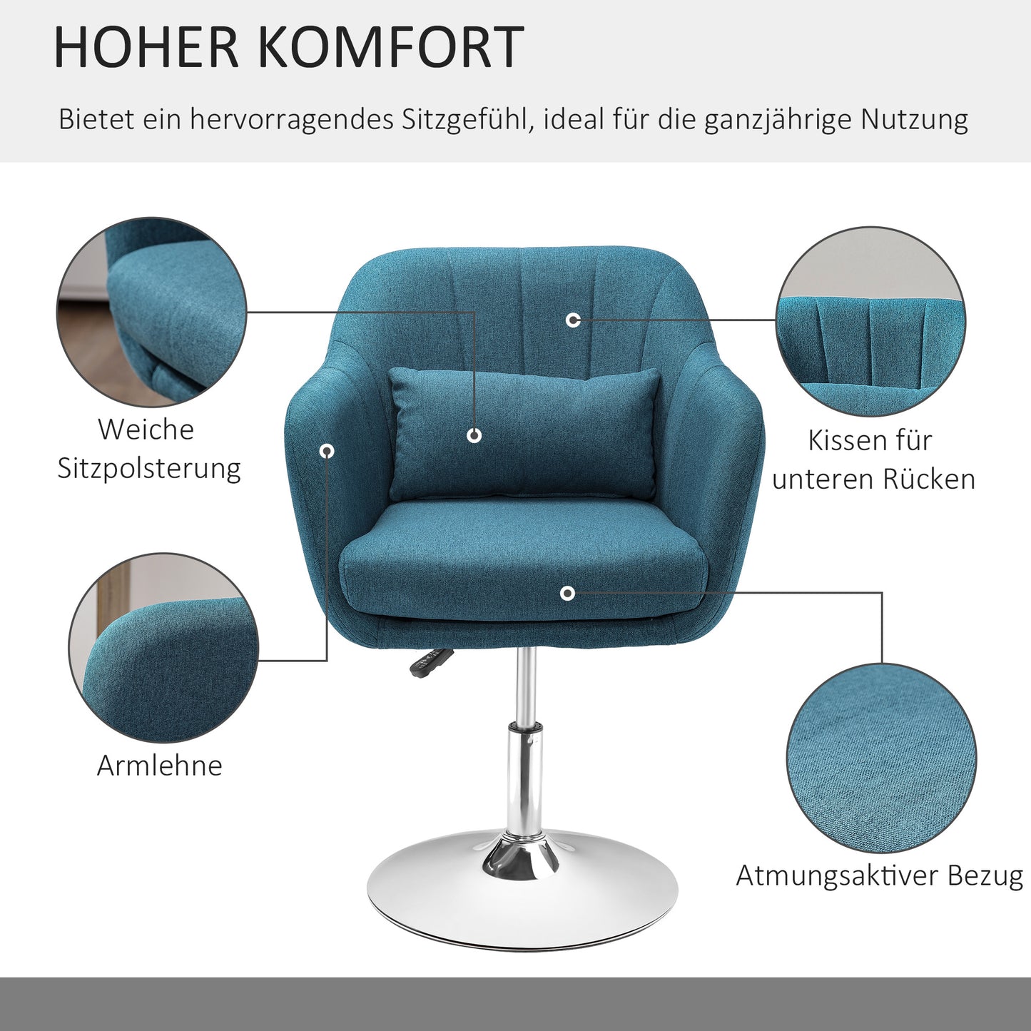 HOMCOM Drehstuhl, leinenartiges Polyester, Metall, 60 x 60 x 79-91 cm, Blau