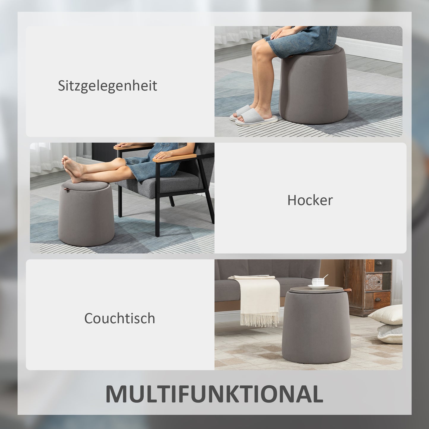 HOMCOM 2-in-1 Hocker in Samtoptik inklusive Stauraum und abnehmbaren Deckel Φ44 cm x 47,5 cm Grau