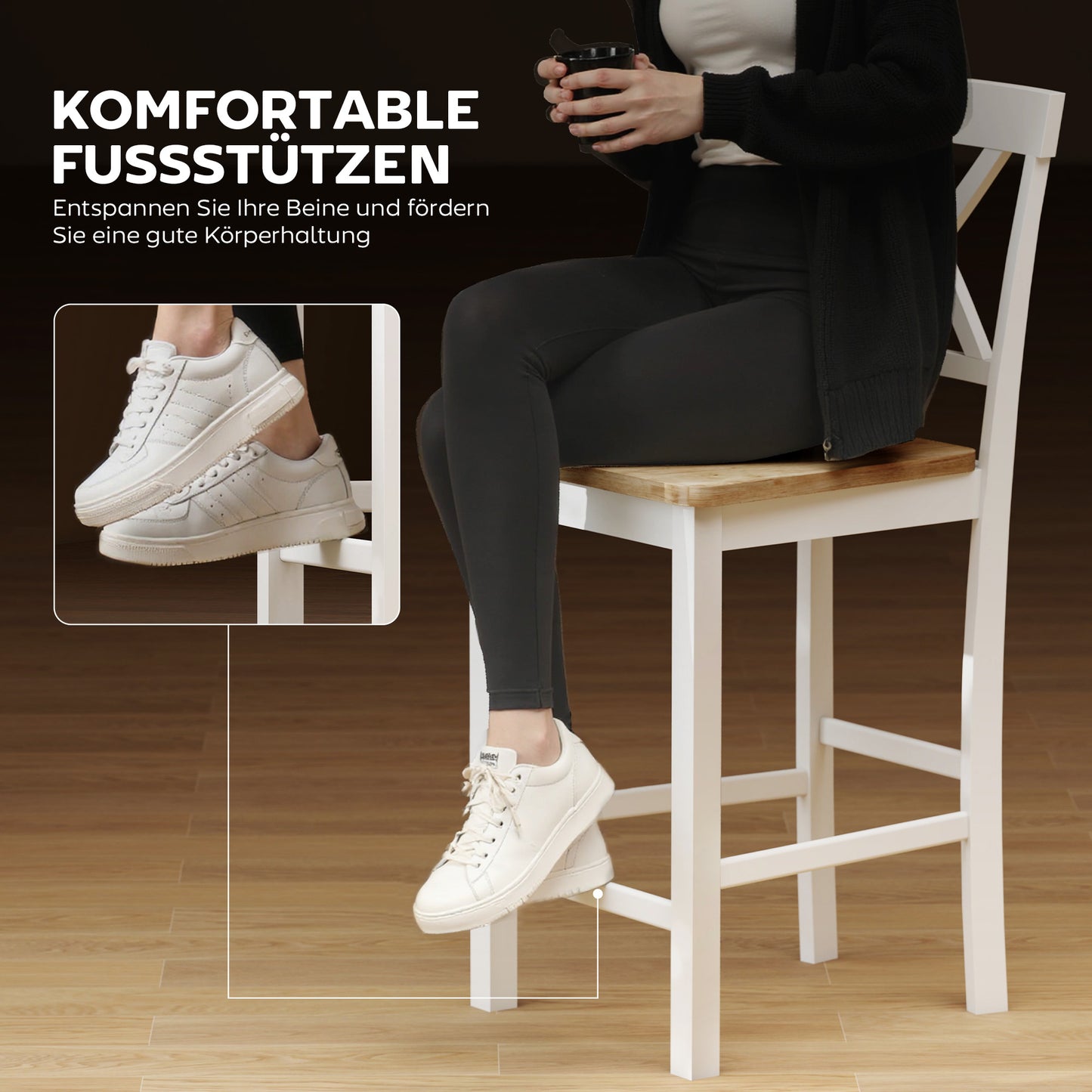 HOMCOM 2er-Set Barstühle mit Rückenlehne und Fußstütze, Kautschukholz, für Küche, Esszimmer, Bar, Eiche+Weiß