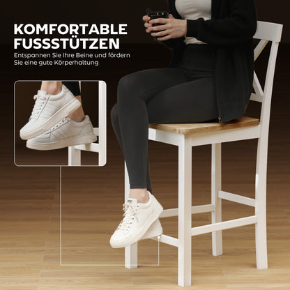 HOMCOM 2er-Set Barstühle mit Rückenlehne und Fußstütze, Kautschukholz, für Küche, Esszimmer, Bar, Eiche+Weiß