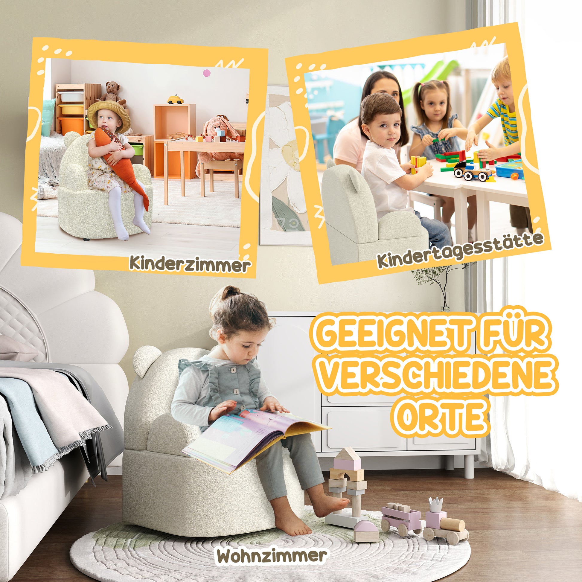AIYAPLAY Kindersessel, Bärenform, weicher Teddyfleece, bis 3 Jahre, 52x48x59 cm, Beige