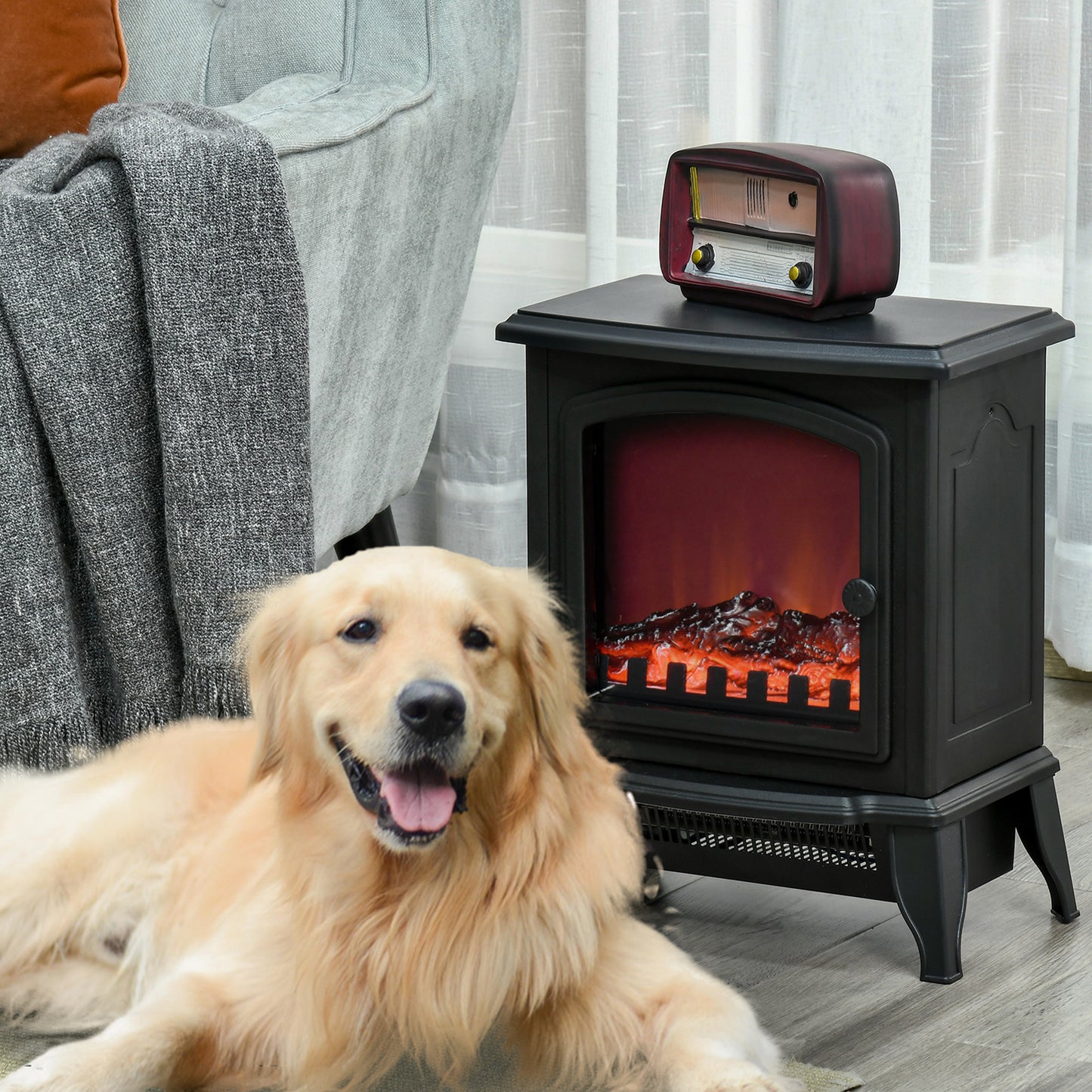 HOMCOM Elektrokamin freistehend, Flammeneffekt, 2 Heizmodi 1000W/2000W, gehärtetes Glas, Schwarz, 36,5x24x45,5 cm