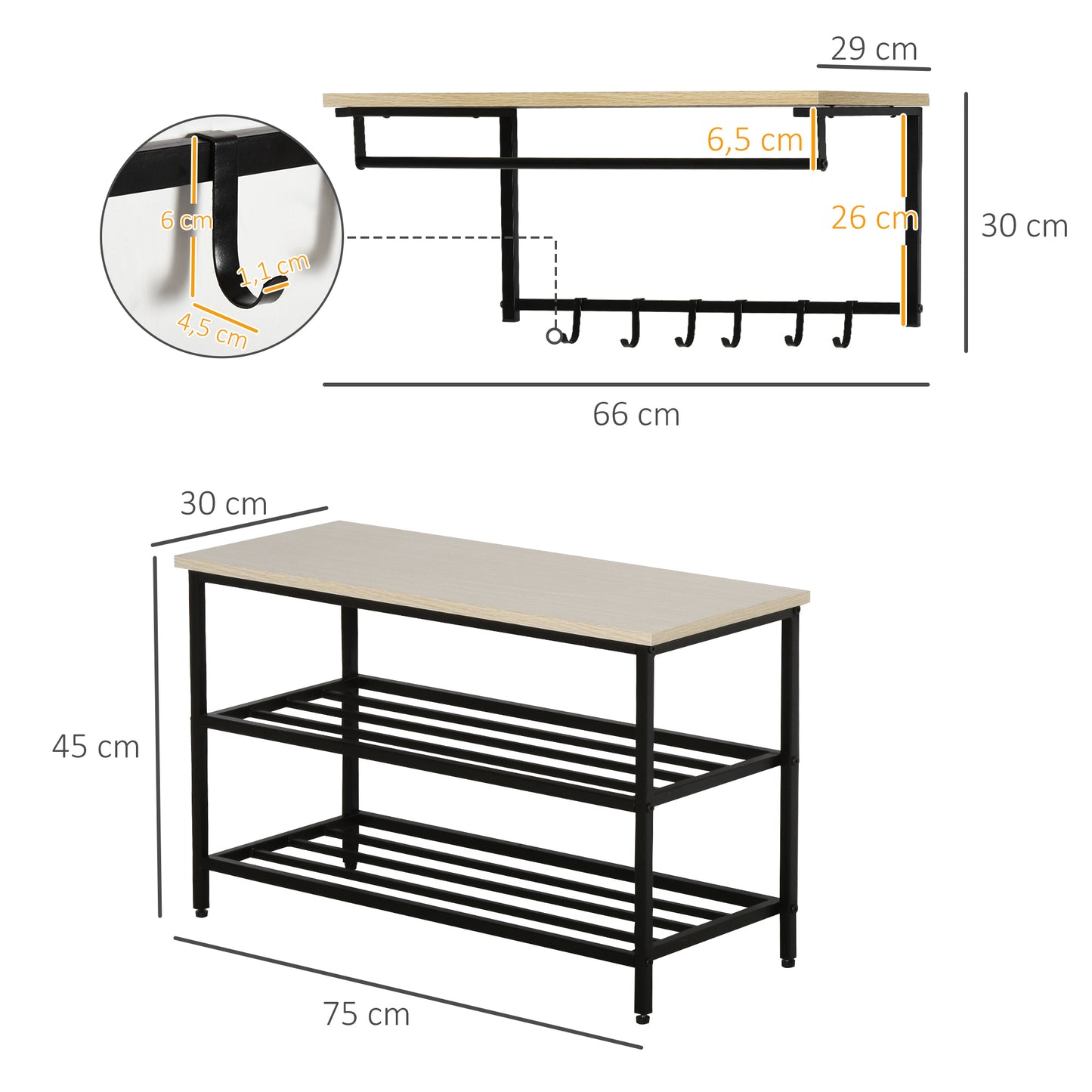 HOMCOM 2-in-1 Garderobenset Flurgaderobe mit Sitzbank Wandgarderobe für Eingangsbereich, 6 Haken, Natur+Schwarz, 75 x 30 x 45 cm(Sitzbank)