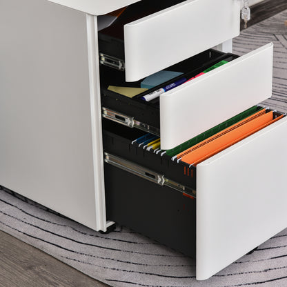Vinsetto Rollcontainer mit 3 Schubladen mobiler Aktenschrank mit Rollen abschließbar Büroschrank mit Hängeregistratur Stiftfach, Bürocontainer für Büro, Homeoffice, 39 x 48 x 59 cm Weiß