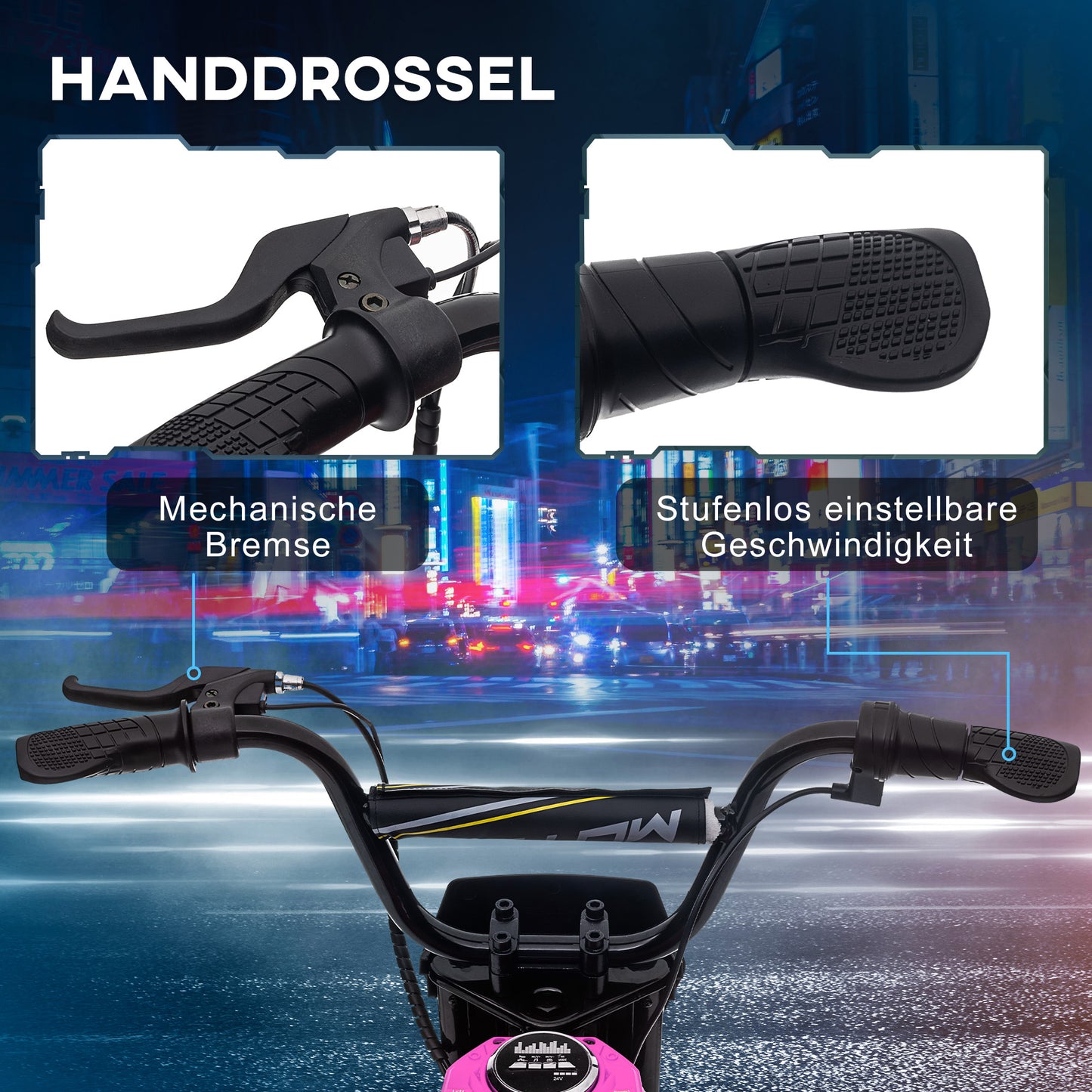 HOMCOM Elektro-Motorrad für Kinder, 24V Kindermotorrad mit Hupe, Leuchte, mit Drehgriff-Gashebel, 8-16 km/h, 8-12 Jahre, Rosa