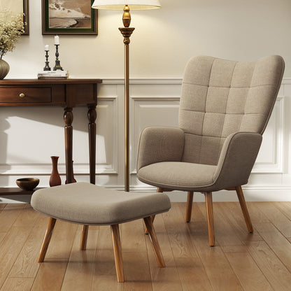 HOMCOM Akzentsessel mit Hocker, Relaxsessel in Cord-Optik, Armlehnstuhl mit Holzbeinen, für Wohnzimmer, Hellbraun