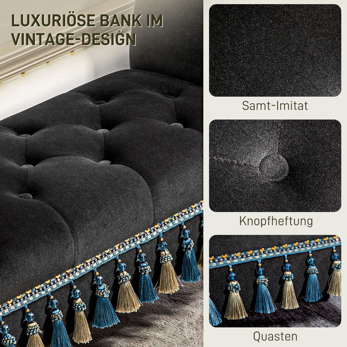 HOMCOM Polsterbank, Sitzbank, Vintage-Design, bis 150 kg, 117x40x58 cm, Dunkelgrau