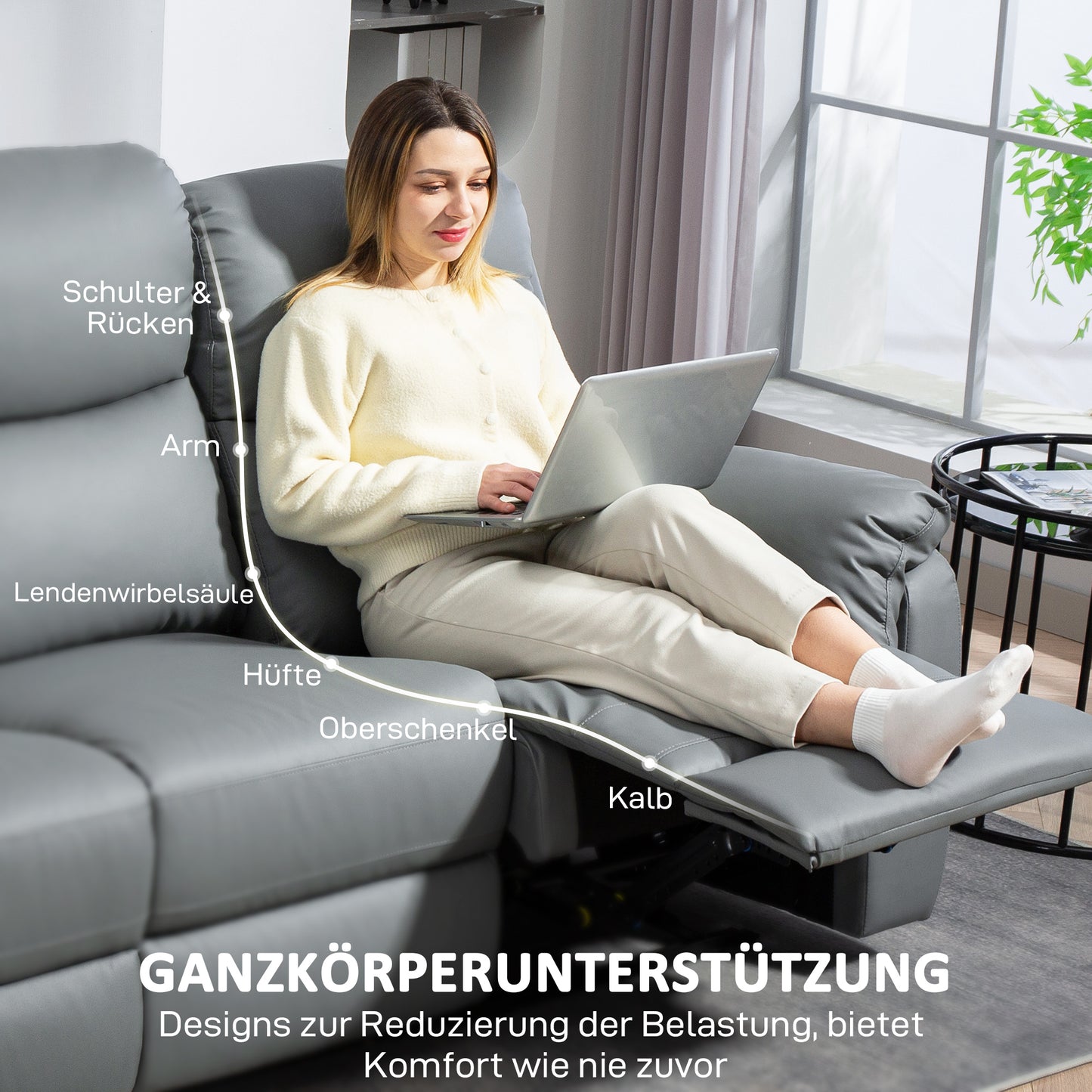 HOMCOM 3-Sitzer-Sofa, linker und rechter Sitz zurücklehnbar, anpassbare Fußstütze, Kunstlederbezug, für Wohnzimmer, Dunkelgrau