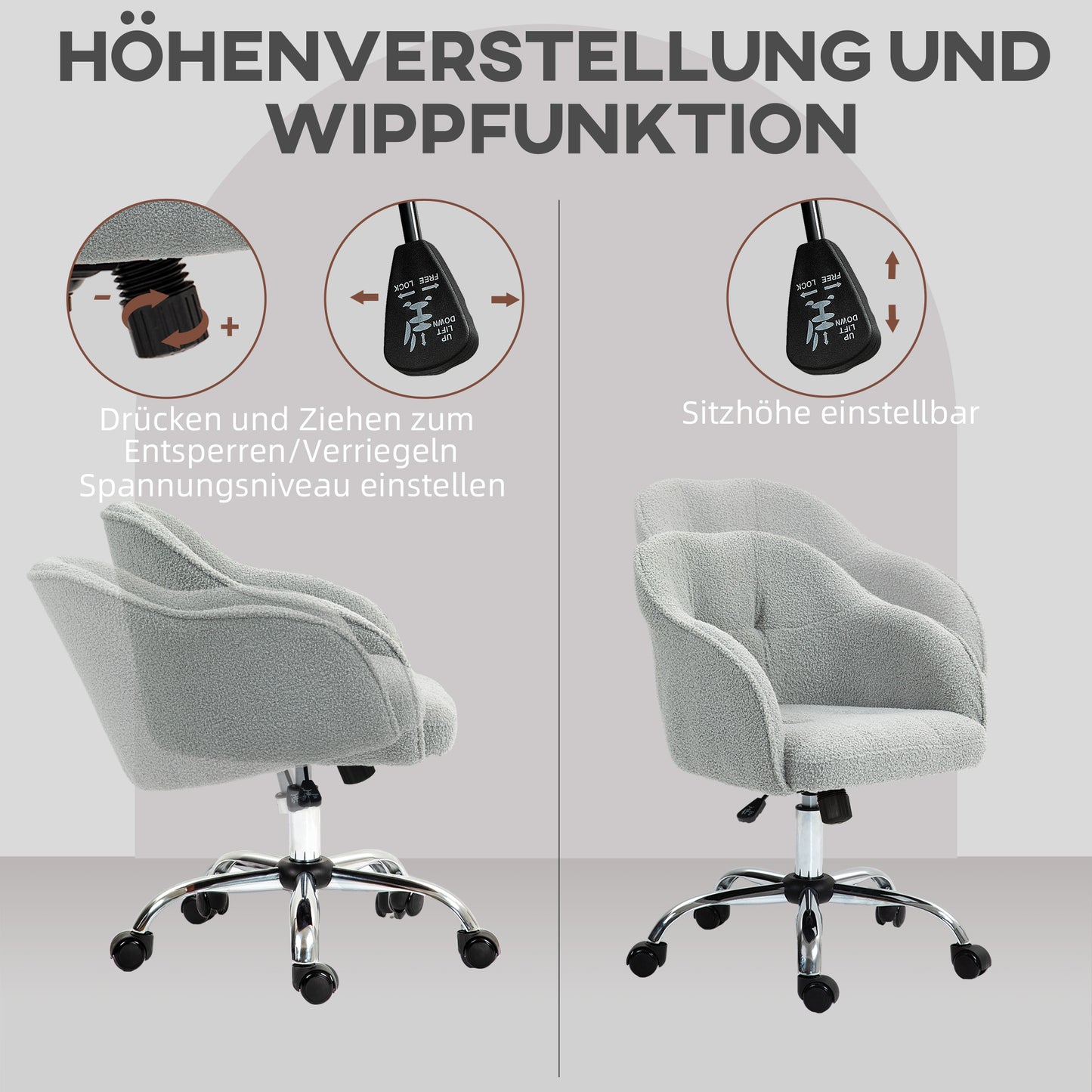 HOMCOM Homeoffice Stuhl, Ergonomisch Schreibtischstuhl mit Wippfunktion, Teddysamtoptik 56 x 61 x 86 cm Grau