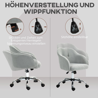 HOMCOM Homeoffice Stuhl, Ergonomisch Schreibtischstuhl mit Wippfunktion, Teddysamtoptik 56 x 61 x 86 cm Grau