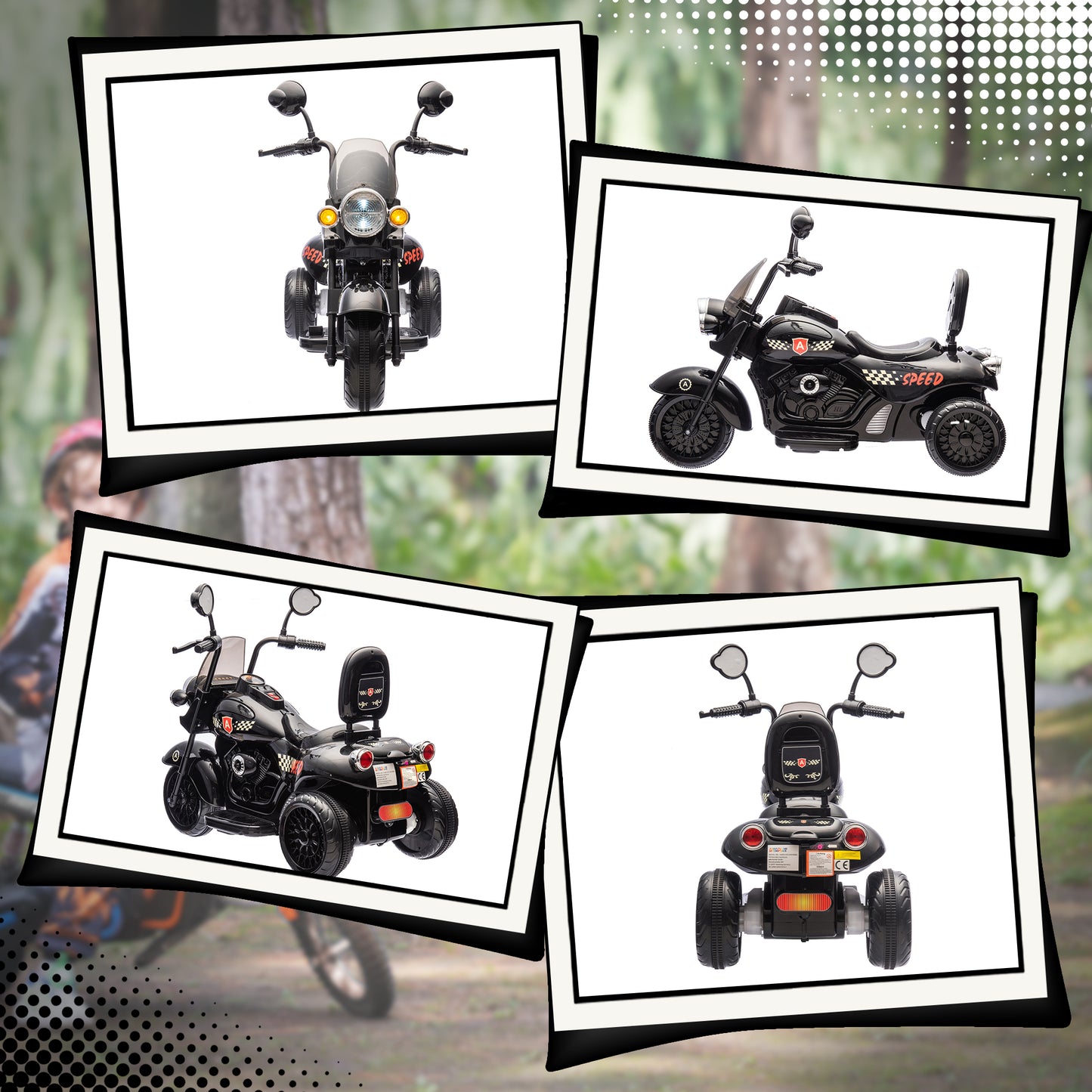 AIYAPLAY Elektro-Kindermotorrad, 3-5 km/h, Chopper, Licht & Musik, für Kinder 3-6 Jahre, Schwarz