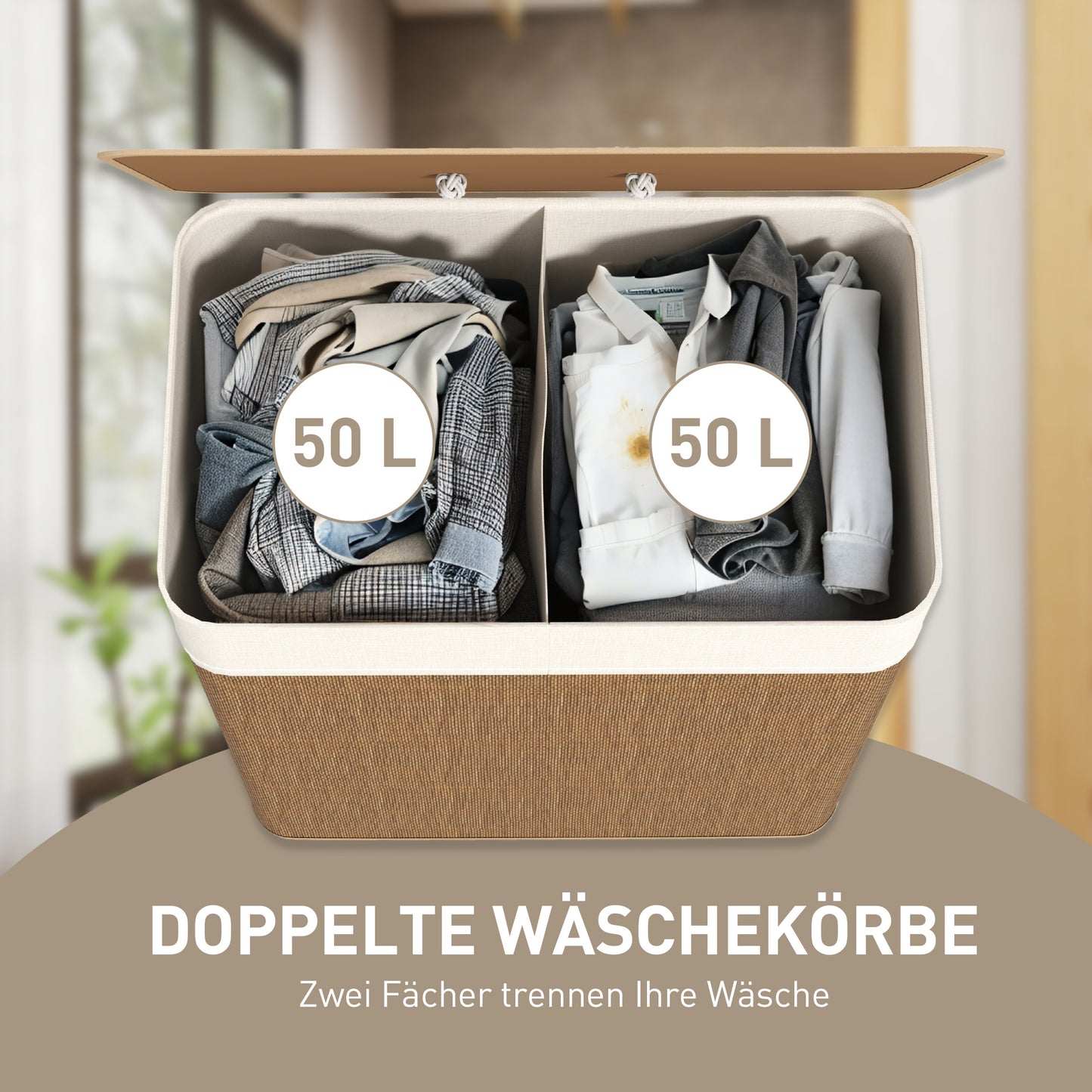 HOMCOM Bambus Wäschekorb mit Deckel 2 Fächer 100 L Wäschesammler mit Seilgriffen, herausnehmbarer Wäschesack