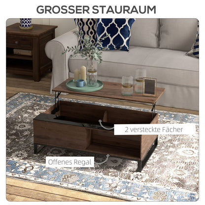 HOMCOM Beistelltisch mit Hebefunktion, verstecktes Staufach, Walsnussholzoptik, Stahlrahmen, 102 x 58 x 35,5 cm