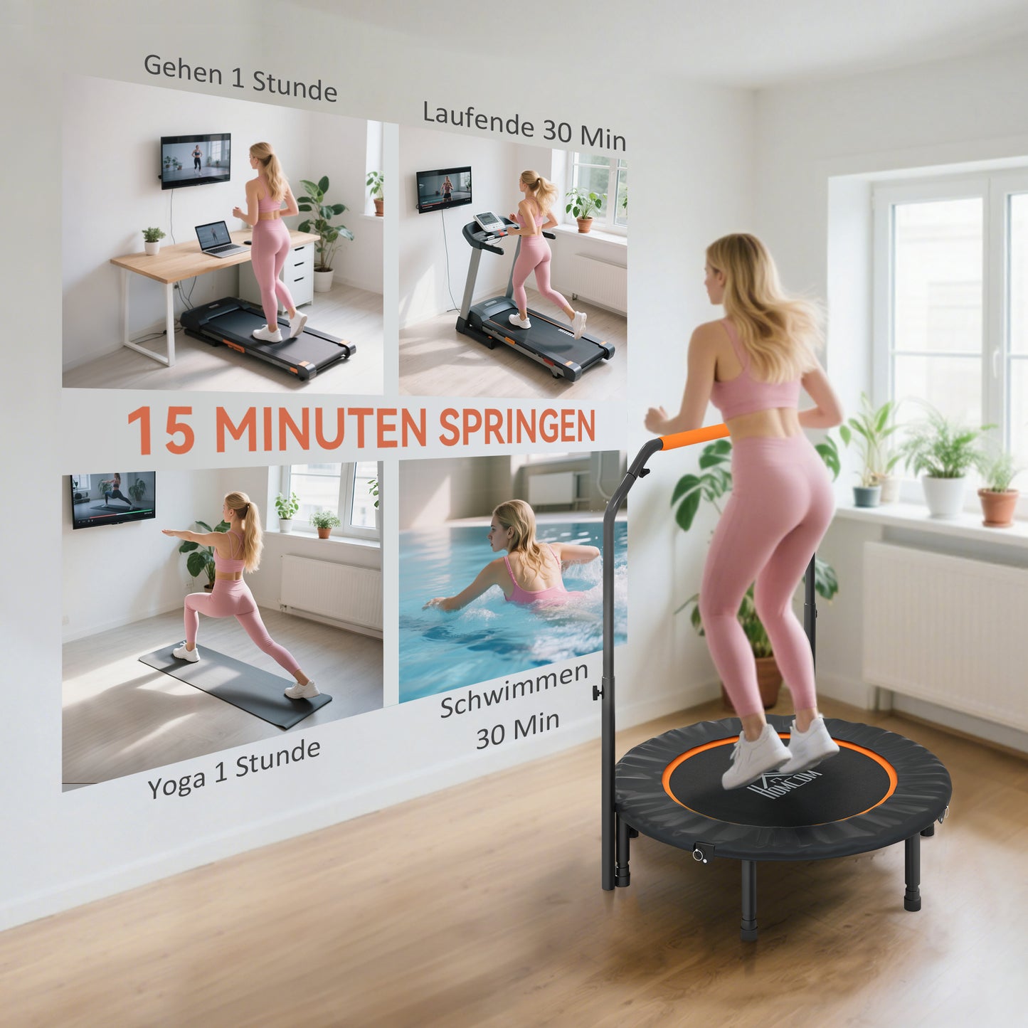 HOMCOM Fitnesstrampolin, klappbar, verstellbarer Haltegriff, Ø102 x 123H cm, bis 100 kg, Schwarz
