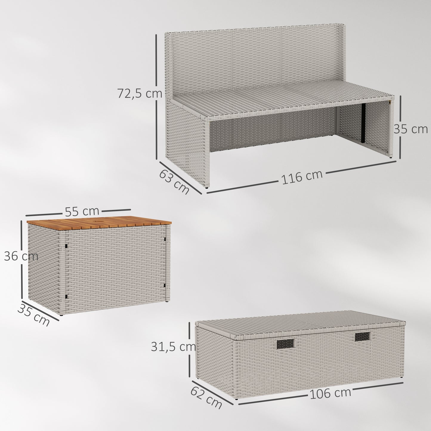 Outsunny Polyrattan Sonnenliege für 2 Personen Doppelliege mit Fußhocker Staurum Auflagen 125x114x72,5 cm Grau