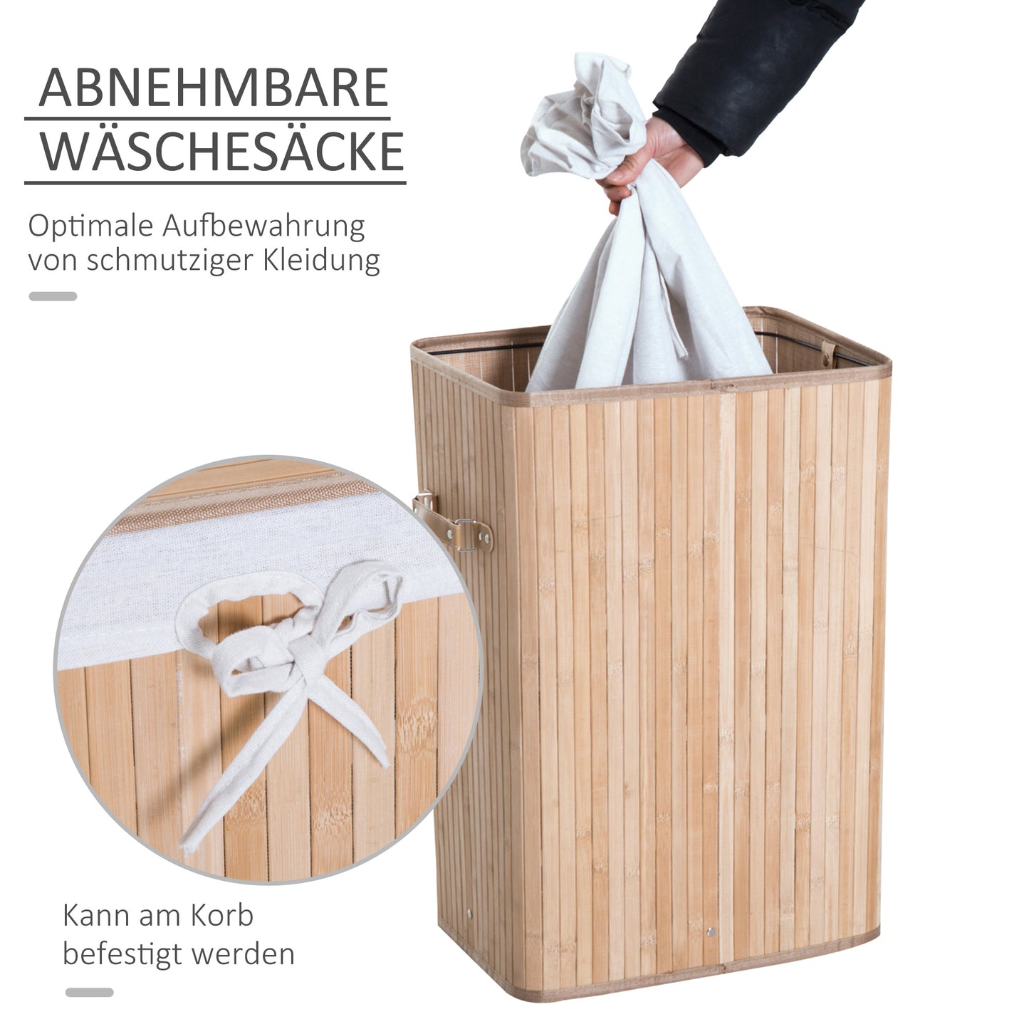 HOMCOM Wäschekorb schmal mit Deckel 72L Wäschesammler mit Griff, herausnehmbarer Wäschesack, Wäschebox für Waschküche Schlafzimmer Badezimmer Natur