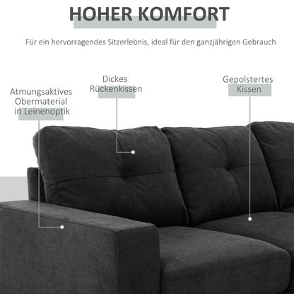 HOMCOM 3-Sitzer-Sofa Sofa Couch Ecksofa, mit Chaiselongue, Knopfheftung, 193 x136 x 85 cm, Schwarz
