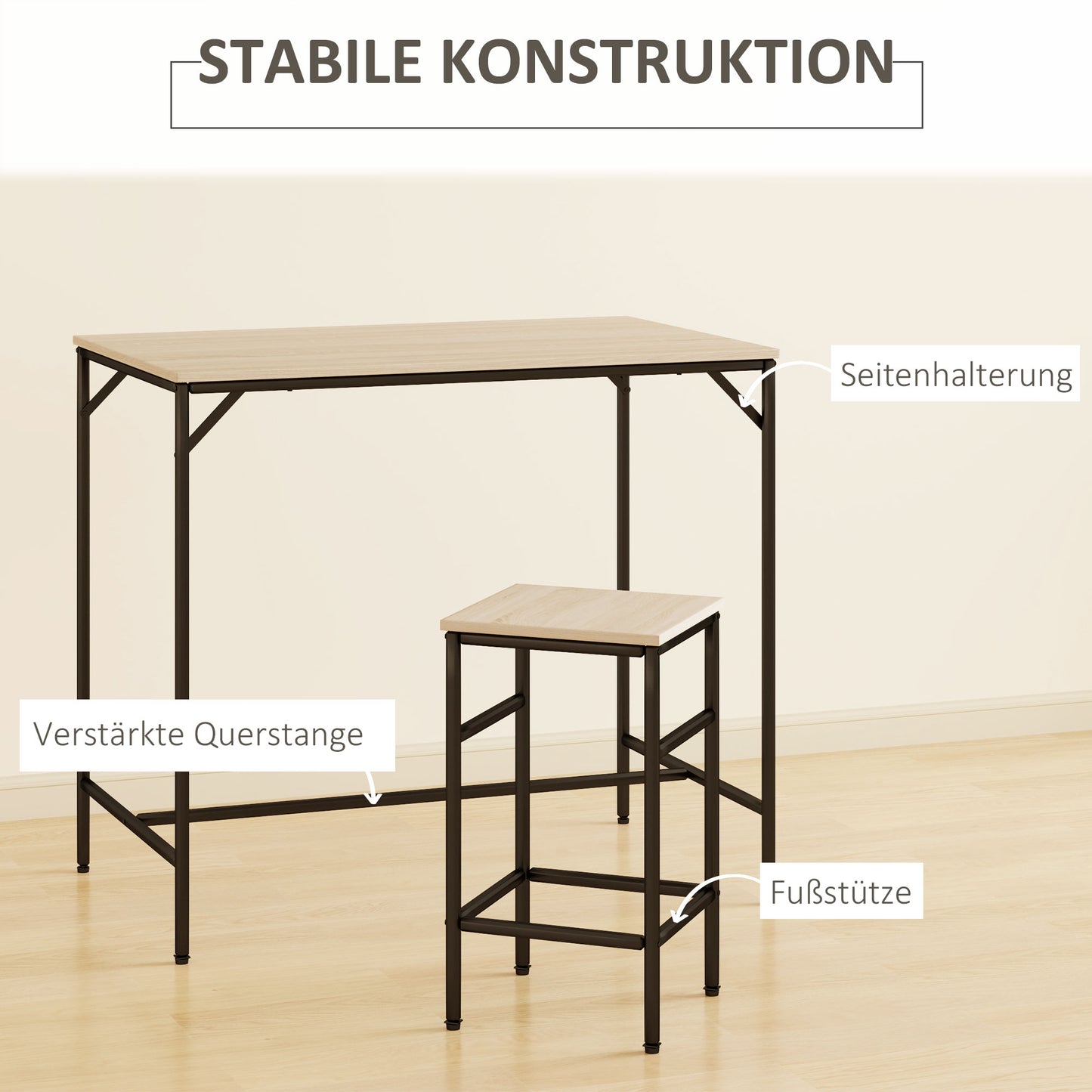 HOMCOM Bartisch-Set Stehtisch mit 4 Barhockern 5-teiliges Tischset Stahl Eiche