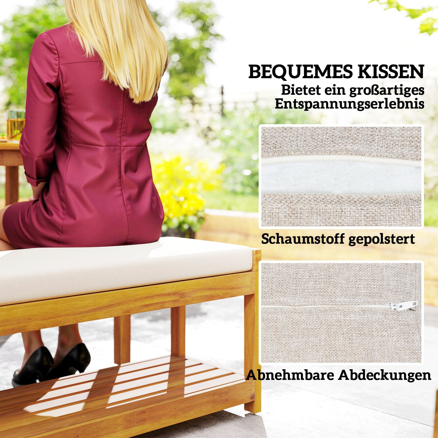 Outsunny 3 tlg. Gartenmöbel-Set, Sitzgarnitur inkl. 1 Esstisch mit Schirmloch, 2 Bänke 150 x 85 x 75 cm Teak