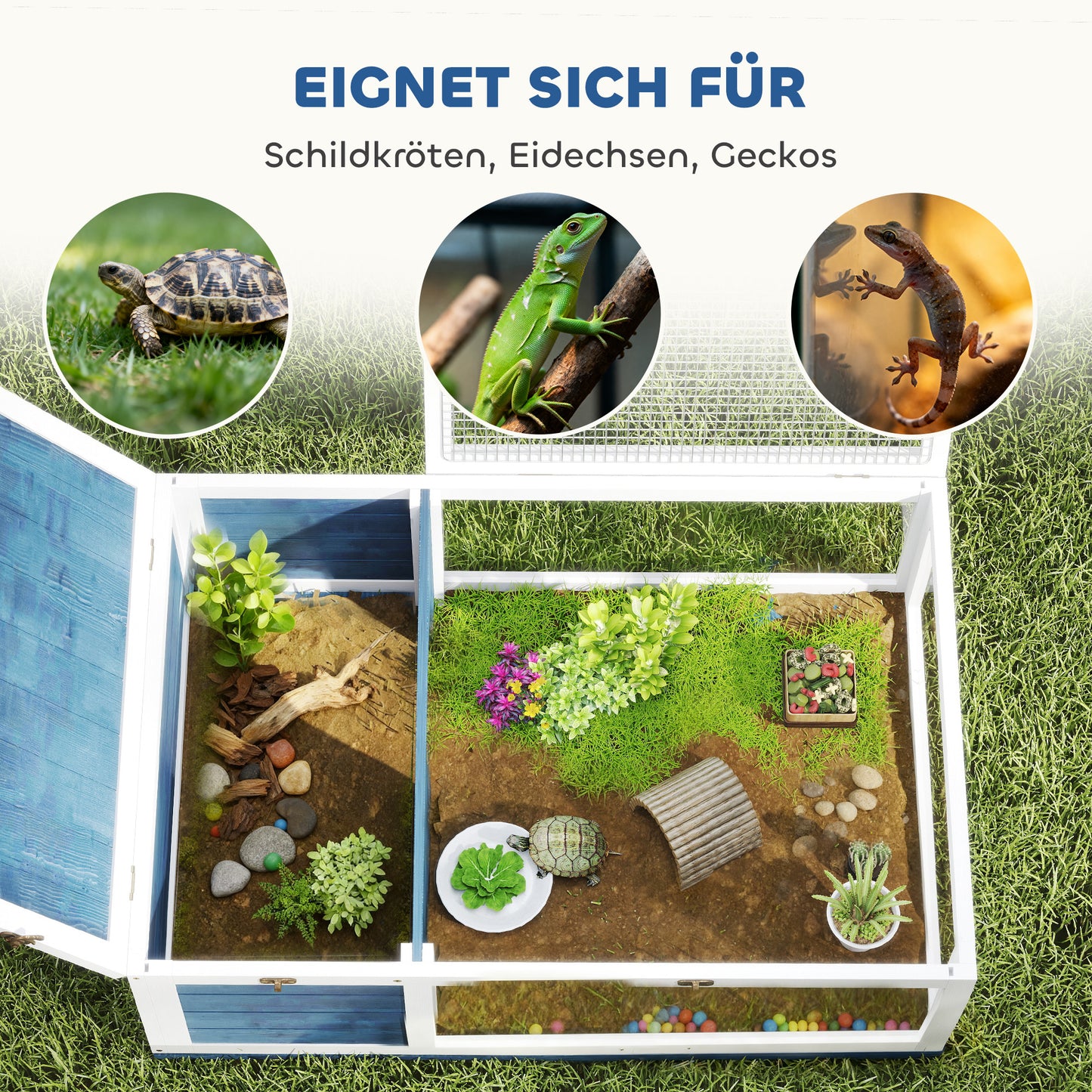 PawHut Schildkrötenhaus aus Holz Schildkrötengehege mit Haupthäusern aufklappbarem Oberseite 91x60,5x32 cm, Blau