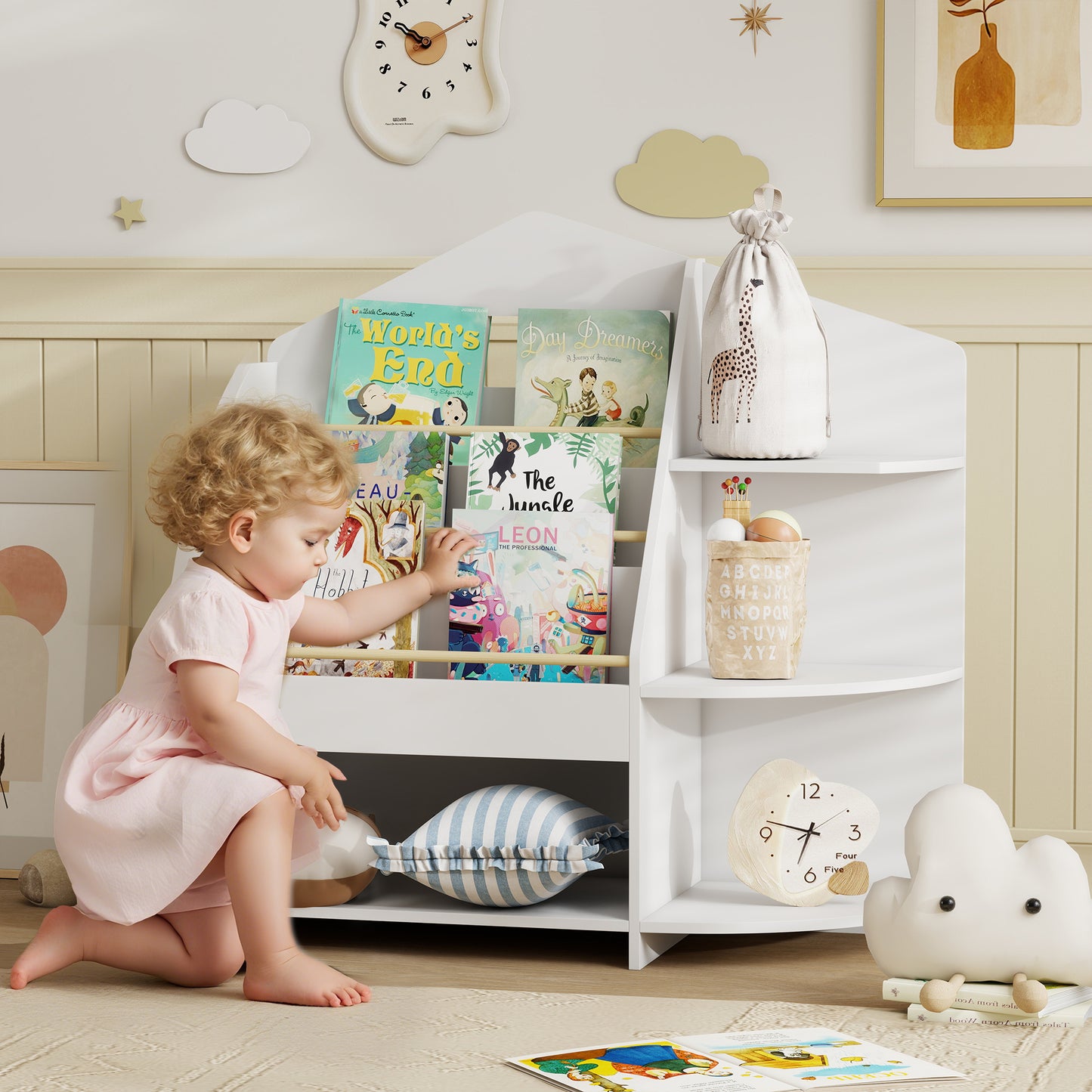 AIYAPLAY Kinderregal mit 7 Regalen für Bücher, Spielzeug, runde Kanten, trägt 40 kg, Weiß