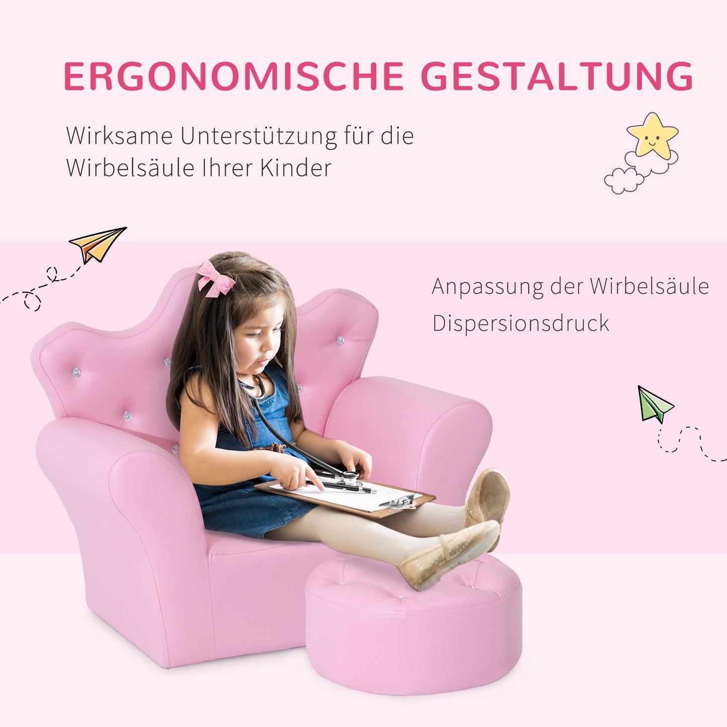 HOMCOM Spielsofa für Kinder, Kindersofa mit Ottomane, Kindercouch Prinzessinnen Spielsofa Kindercouch Mini Couch für Kuschelecke, Kinderzimmer, Spielzimmer, Schlafzimmer, Rosa
