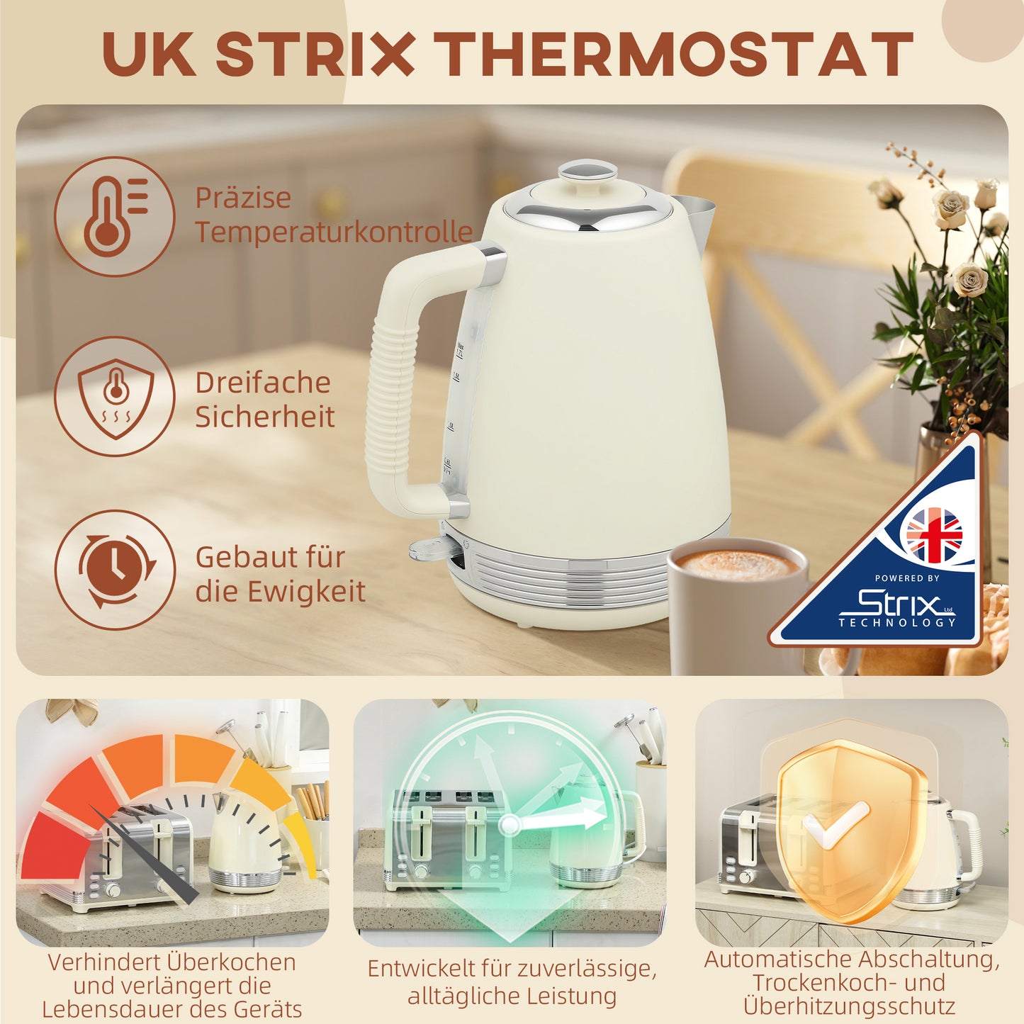 HOMCOM Wasserkocher- und Toaster-Set, 1,7 L, 2200W, Strix Thermostat, Filter, 4-Schlitz-Toaster, 7 Bräunungsstufen, Krümelfach