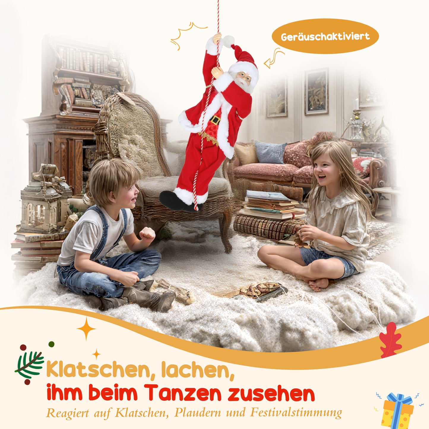 HOMCOM Weihnachtsmann 60 cm Singend und Kletternd Weihnachtsmann mit Geschenk Seil Soundfunktion Indoor, Rot