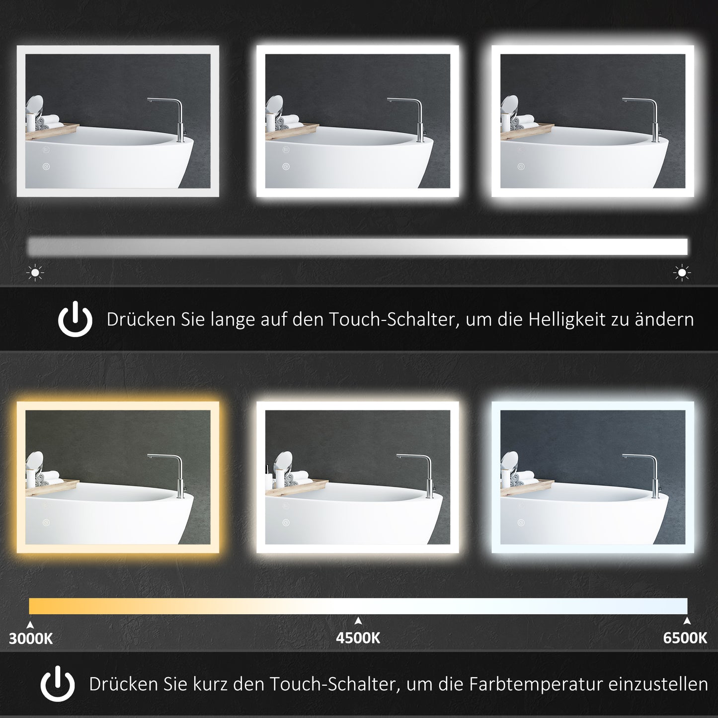kleankin LED Badezimmerspiegel, Hintergrundbeleuchtung, Touch-Funktion, Memory-Funktion, kein Beschlagen, 80 x 60 cm