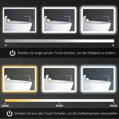 kleankin LED Badezimmerspiegel, Hintergrundbeleuchtung, Touch-Funktion, Memory-Funktion, kein Beschlagen, 80 x 60 cm