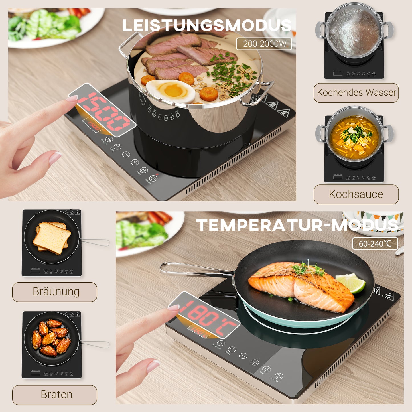 HOMCOM Kochplatte, Induktionskocher mit 10-Stufen-Temperatur, Touchpanel, Schwarz