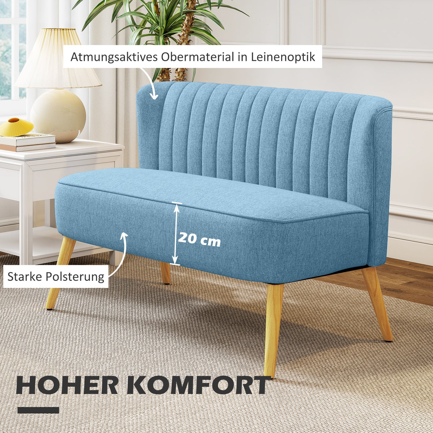 HOMCOM 2-Sitzer Sofa im Retro-Look, weiche Polsterung, pflegeleichter Bezug, bis 150 kg, 117 x 56,5 x 77 cm, Blau