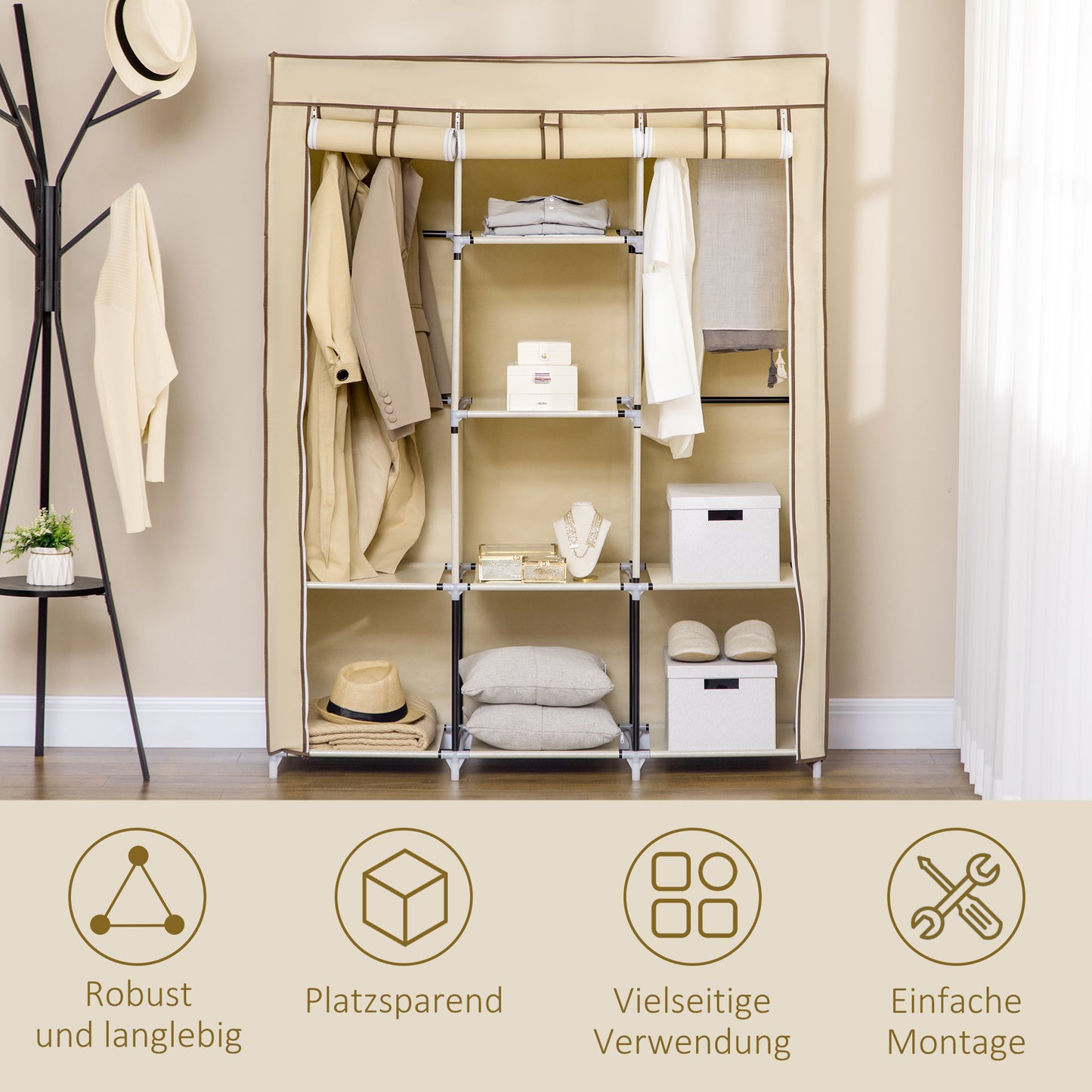 HOMCOM Schrank aus Stoff, Aufbewahrungslösung, 8 Regale, 2 Kleiderstangen, Beige