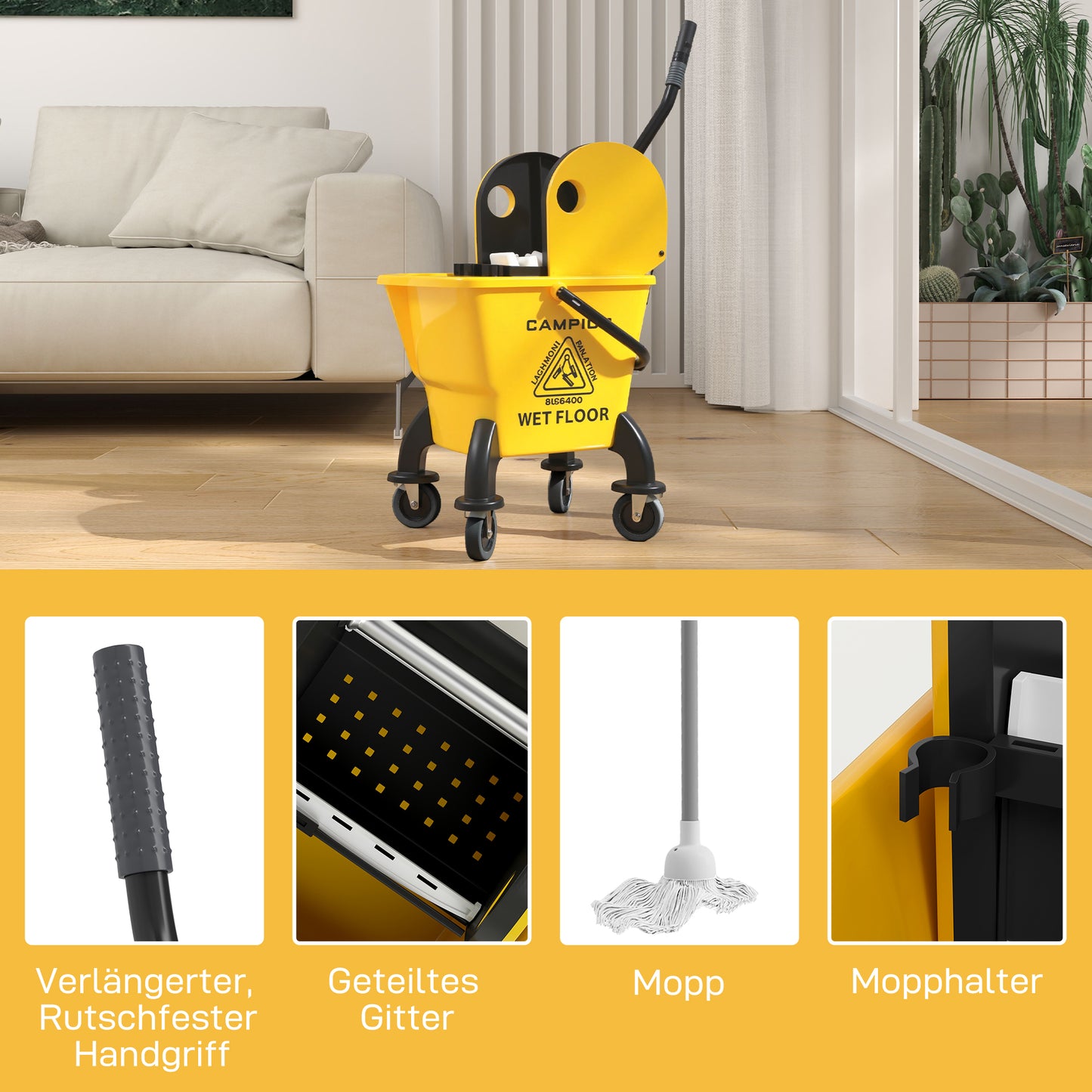 HOMCOM Rollbarer Mopp-Eimer, Wischeimer mit Auswringer und Mopp, 26 Liter, Gelb