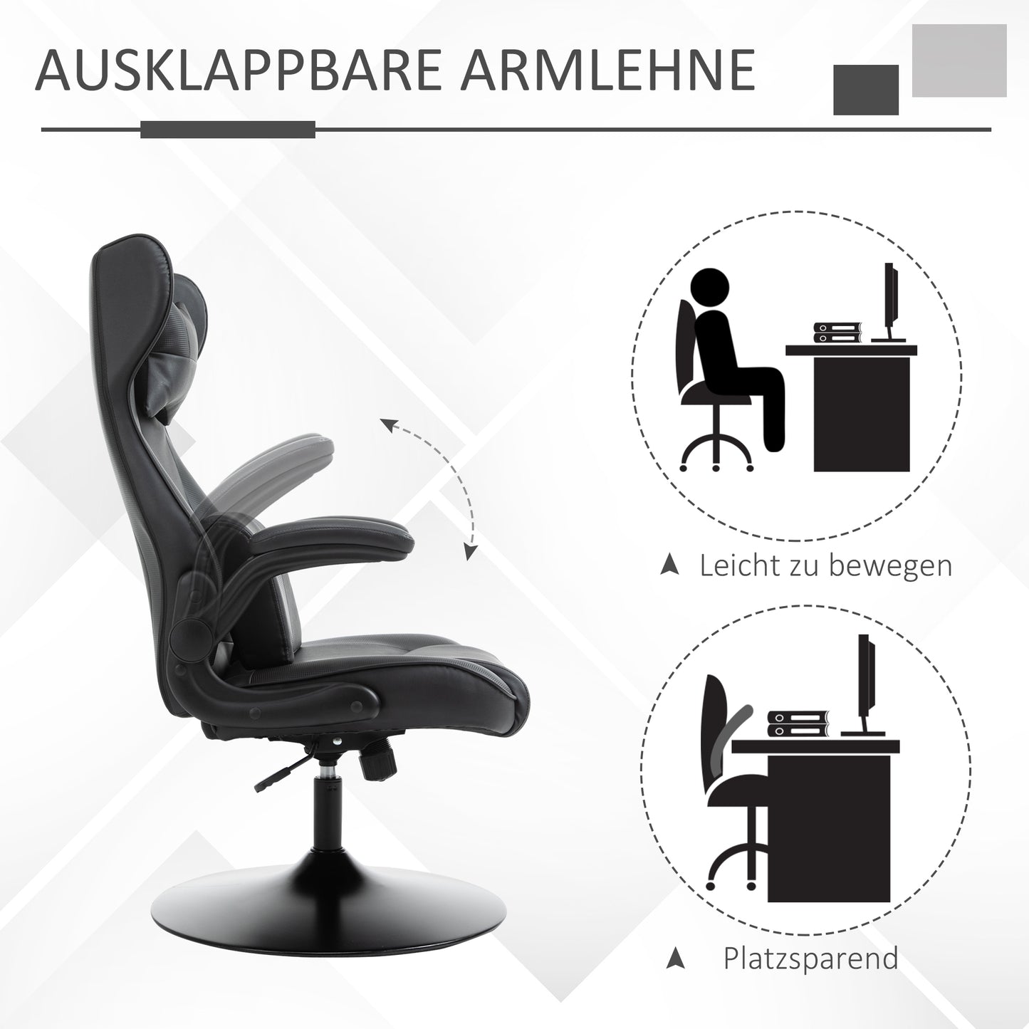 Vinsetto Gaming-Stuhl, Wippfunktion, Lendenkissen, höhenverstellbar, Kunstleder, 67x71x112 cm, Schwarz