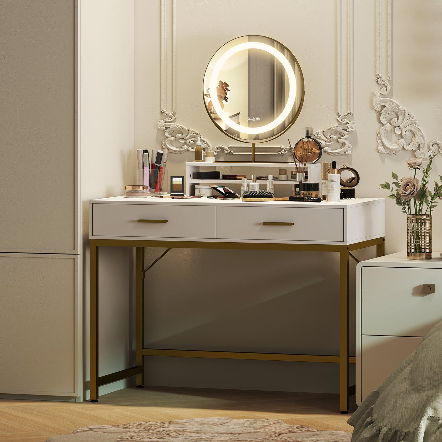 HOMCOM Kosmetiktisch mit 360° Spiegel, LED-Beleuchtung, 2 Schubladen, Weiß/Gold