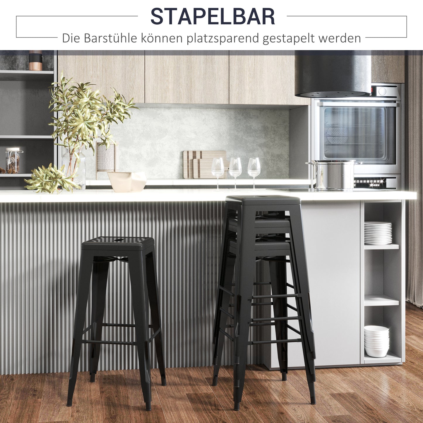 HOMCOM 4er-Set Barhocker aus Metall, für drinnen und draußen, stapelbares Design, Schwarz