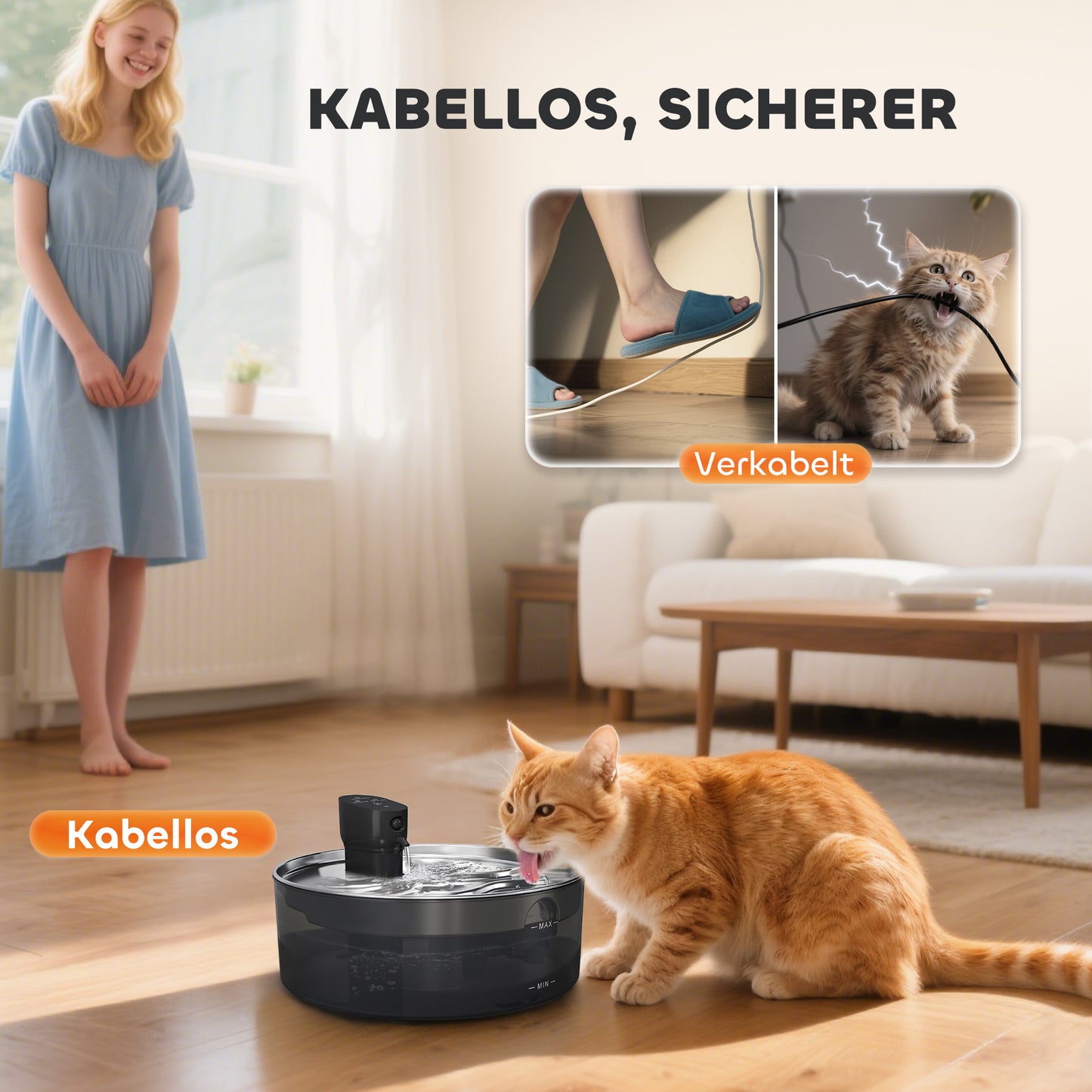 PawHut Katzenbrunnen 7L Trinkbrunnen für Katzen mit leiser Pumpe LED Aktivkohlefilter Edelstahl 30,6 x 30,6 x 17,2 cm