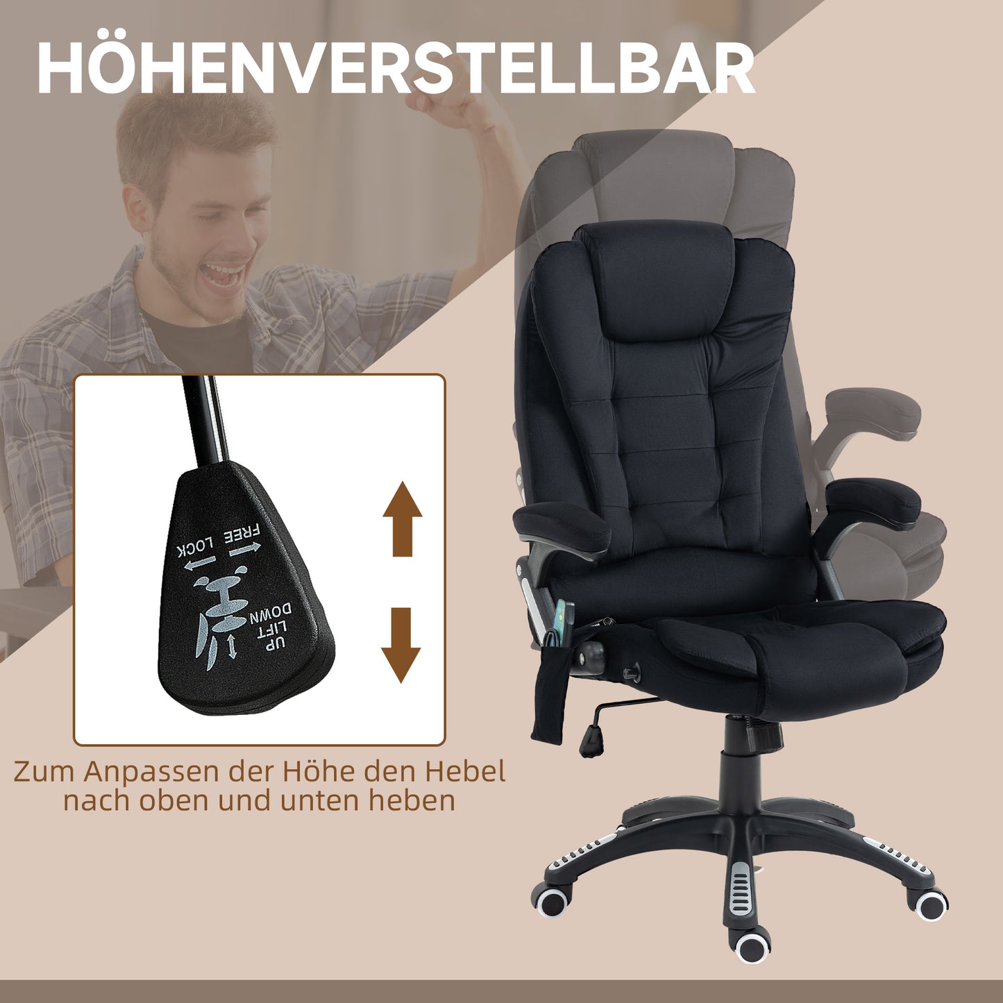 Vinsetto Bürostuhl mit Massage- & Wärmefunktion, ergonomisch, höhenverstellbar, Schwarz