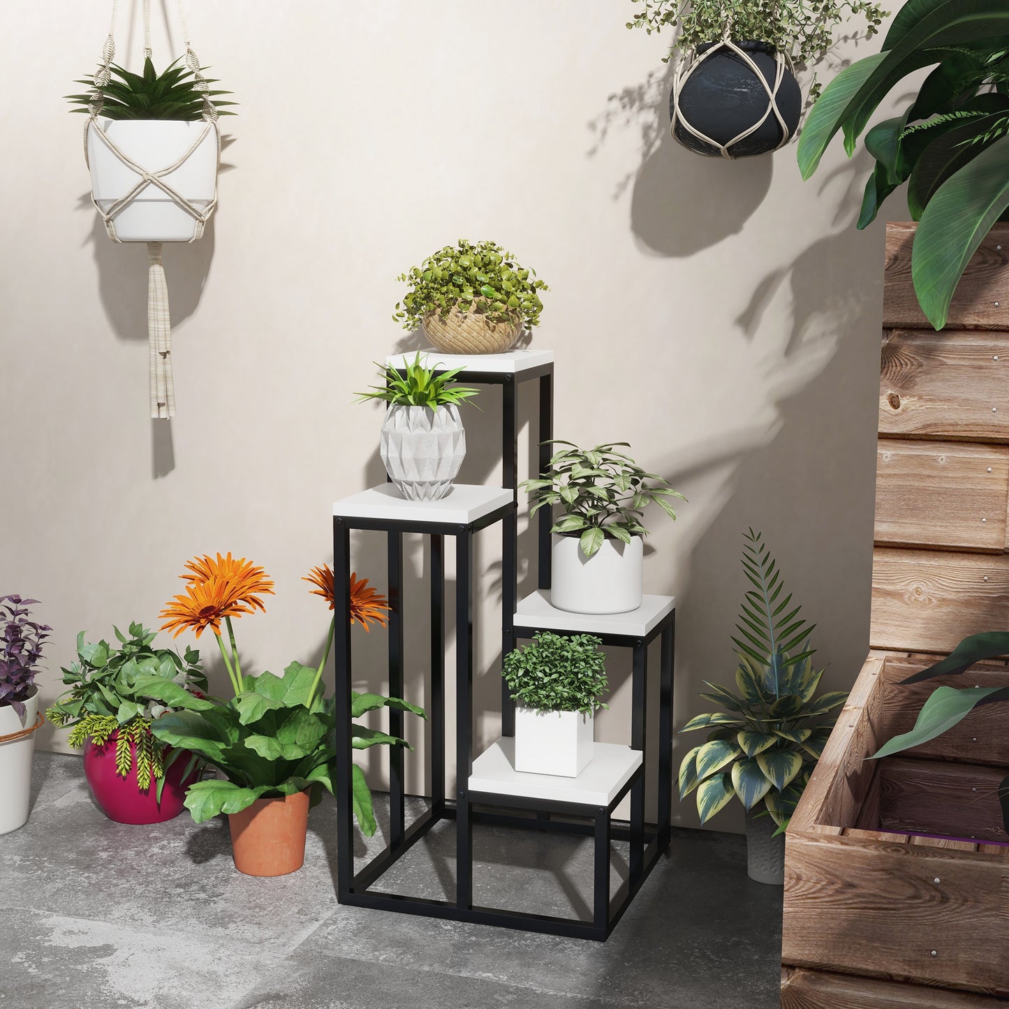 Outsunny Blumenregal, 4 Etagen, Indoor & Outdoor, Metallrahmen, 34L x 34B x 70H cm, Schwarz+Weiß