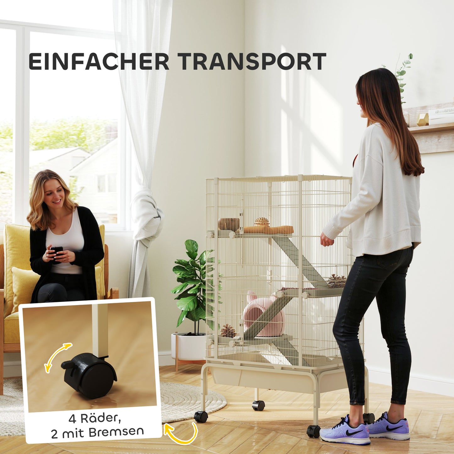 PawHut Kleintierkäfig, Haustierkäfig mit 4 Ebenen, Futterschale, Wasserflasche, 88 x 48 x 150,5 cm, Beige