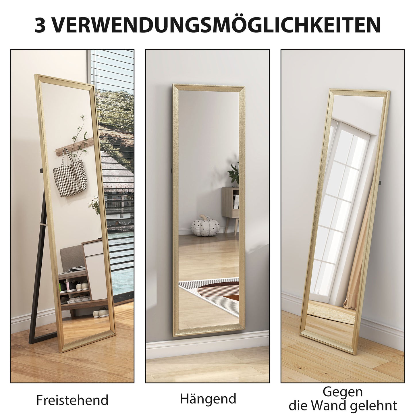 HOMCOM Ganzkörperspiegel, flexibel platzierbar, 160 x 50 cm, Goldton