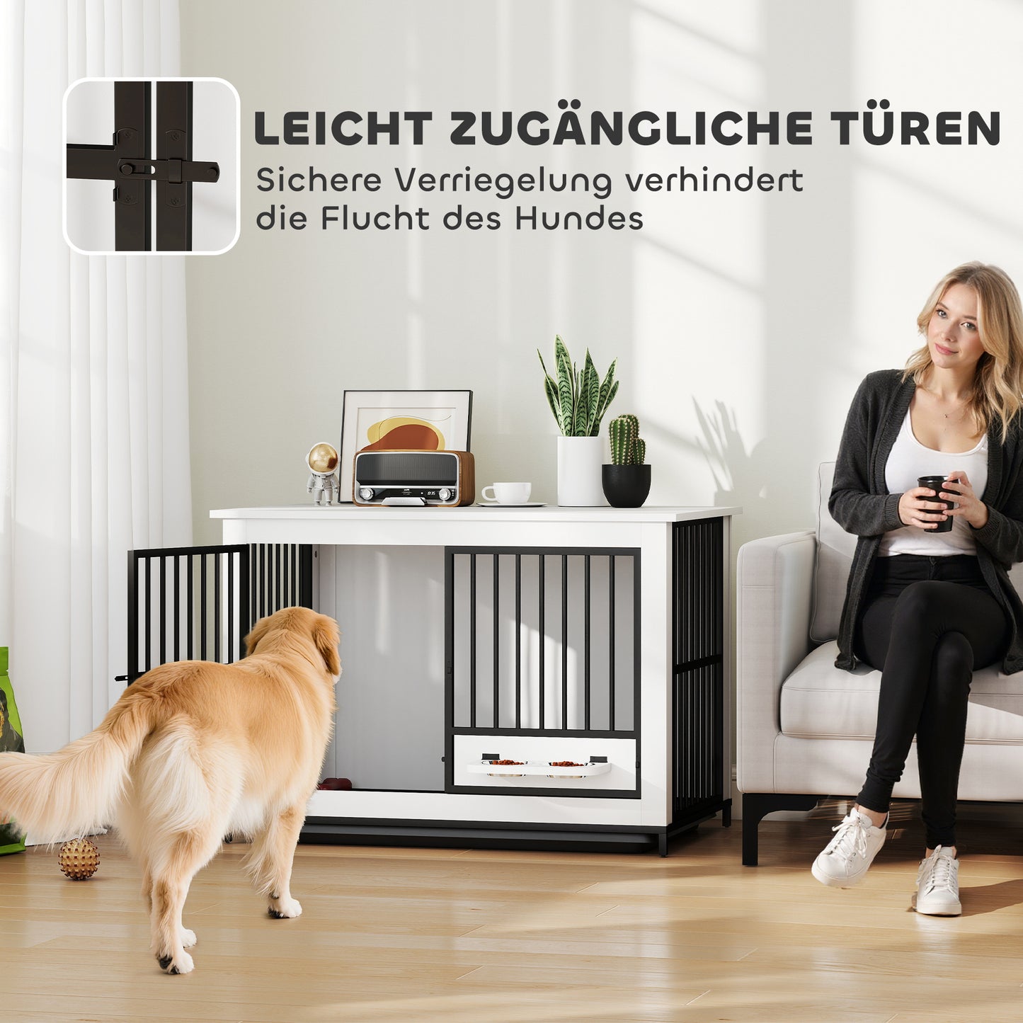 PawHut Große Hundebox, einfacher Zugang, verschließbar, drehbarer Schüsselhalter, för små och stora Hunde, Weiß