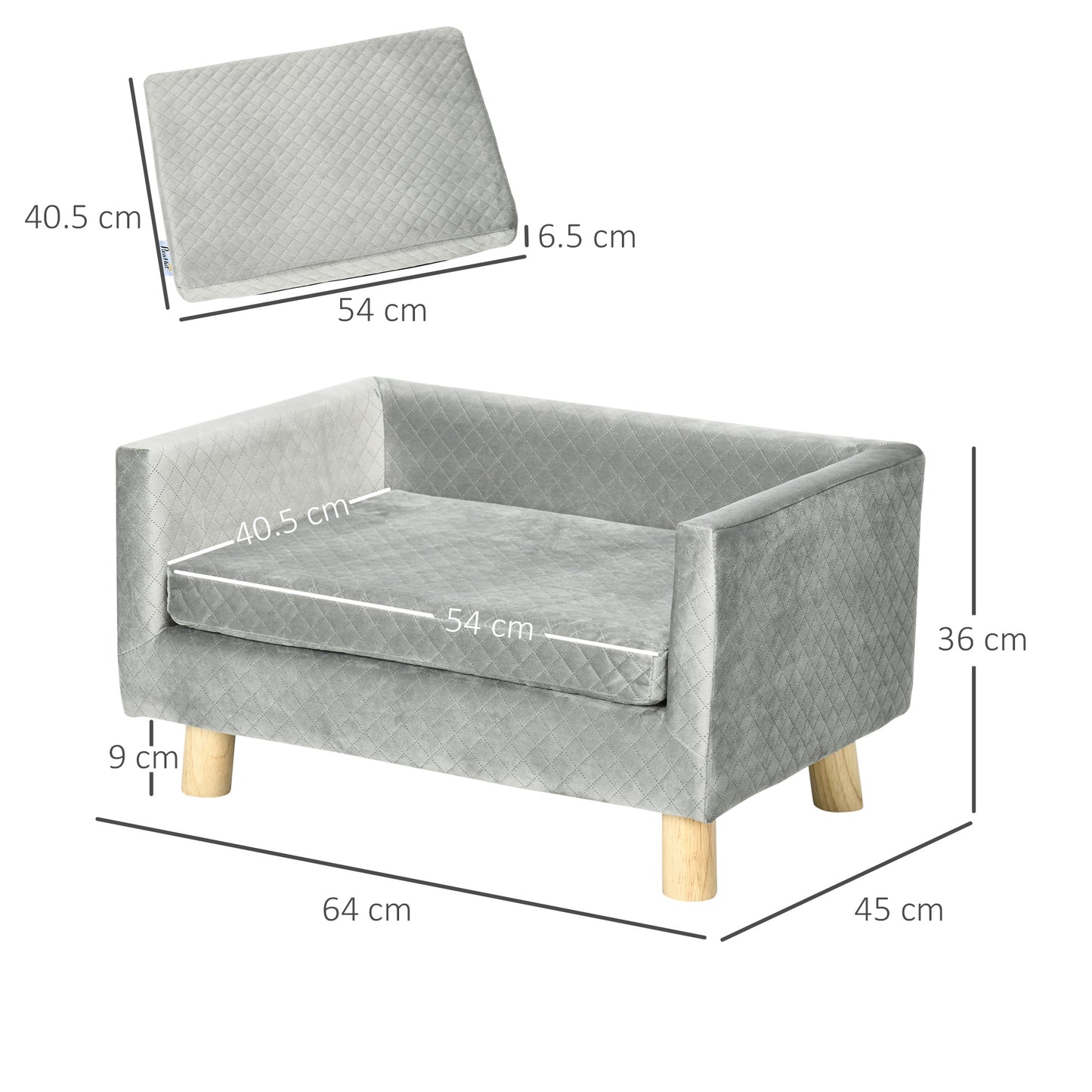 PawHut Hundesofa mit Holzbeinen Hundebett Haustiersofa Hundematte für kleine Hunde bis zu 8 kg Samt-Touch Grau 64 x 45 x 36 cm