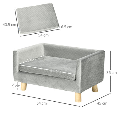 PawHut Hundesofa mit Holzbeinen Hundebett Haustiersofa Hundematte für kleine Hunde bis zu 8 kg Samt-Touch Grau 64 x 45 x 36 cm