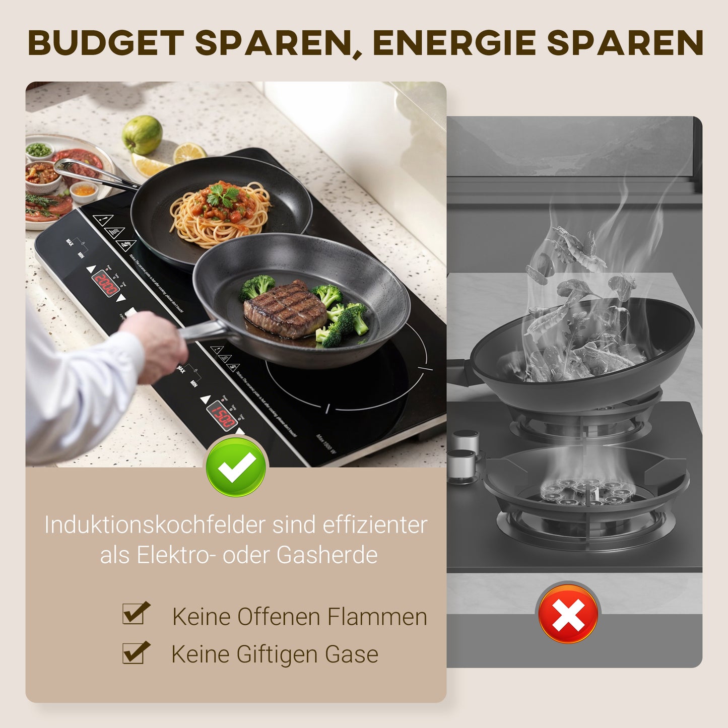 HOMCOM Tragbares Induktionskochfeld, 10-stufige Temperaturregelung, Touchpanel, Schwarz